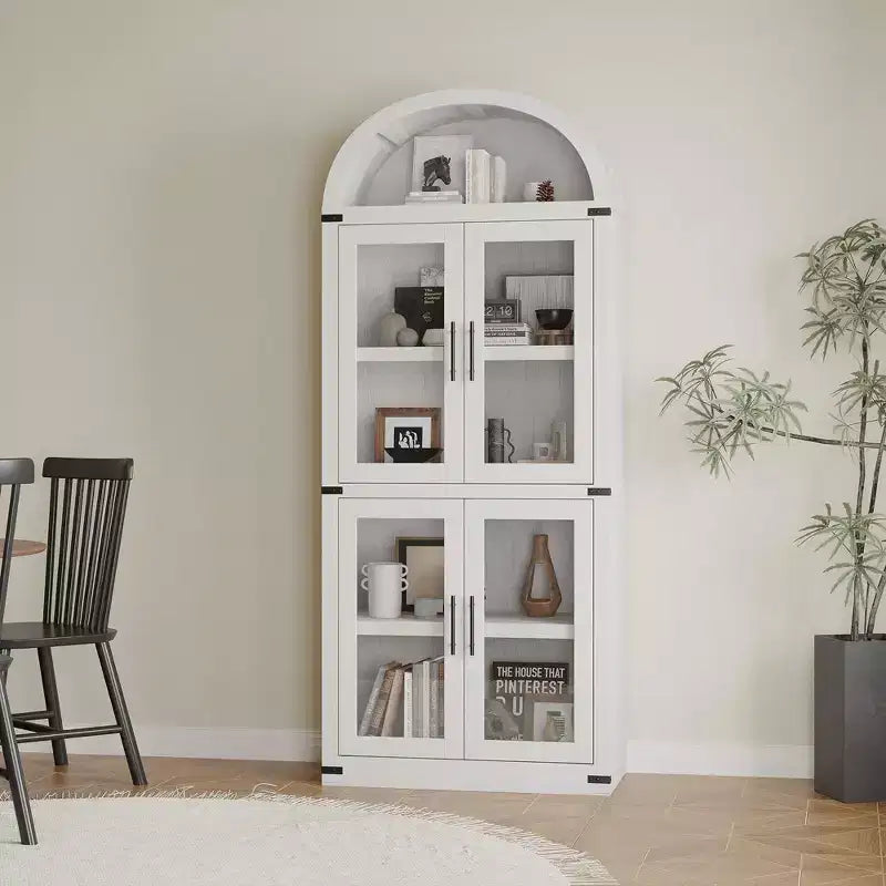CuisinSmart Scaffale ad arco alto 183 cm, Libreria moderna stile fattoria con 4 ante in vetro/legno e ripiani aperti, Organizzatore mobile espositivo autoportante