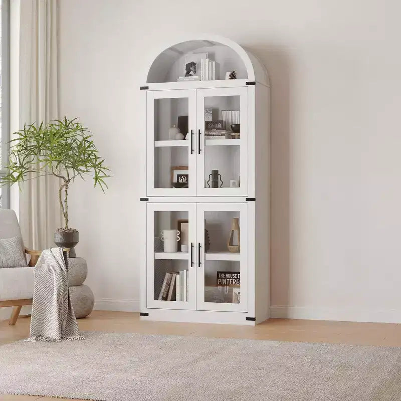 CuisinSmart Scaffale ad arco alto 183 cm, Libreria moderna stile fattoria con 4 ante in vetro/legno e ripiani aperti, Organizzatore mobile espositivo autoportante