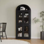 CuisinSmart Scaffale ad arco alto 183 cm, Libreria moderna stile fattoria con 4 ante in vetro/legno e ripiani aperti, Organizzatore mobile espositivo autoportante