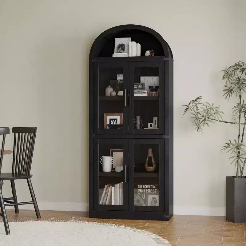 CuisinSmart Scaffale ad arco alto 183 cm, Libreria moderna stile fattoria con 4 ante in vetro/legno e ripiani aperti, Organizzatore mobile espositivo autoportante