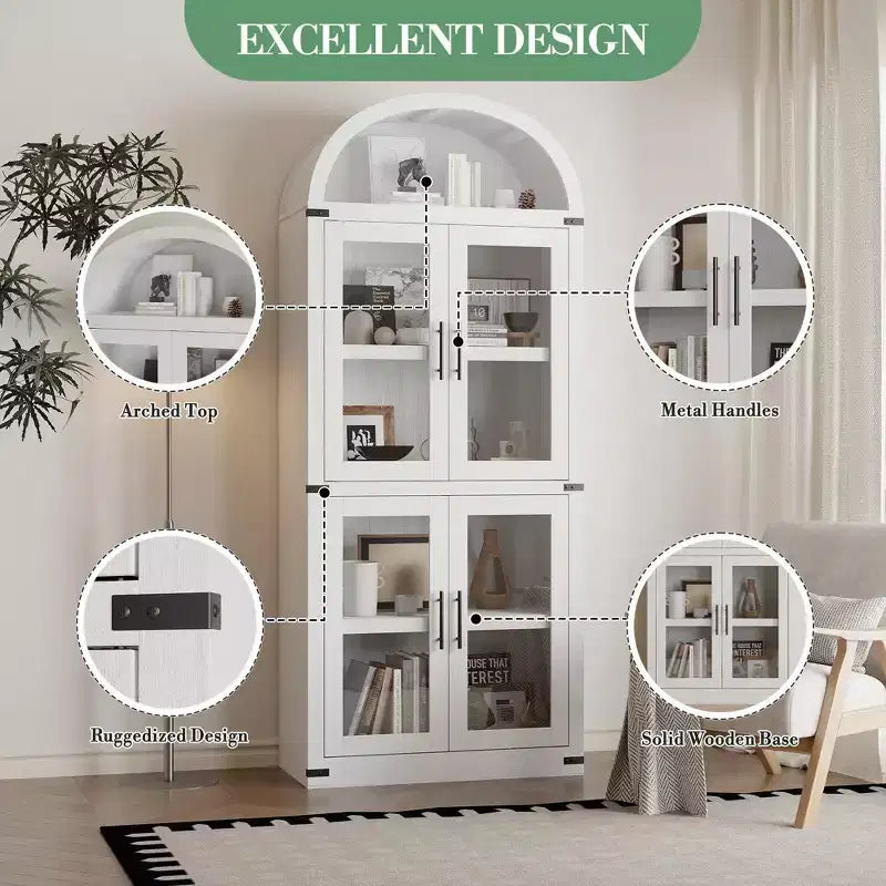CuisinSmart Scaffale ad arco alto 183 cm, Libreria moderna stile fattoria con 4 ante in vetro/legno e ripiani aperti, Organizzatore mobile espositivo autoportante