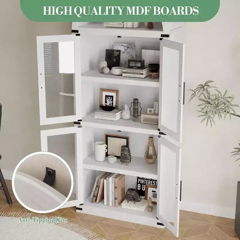 CuisinSmart Scaffale ad arco alto 183 cm, Libreria moderna stile fattoria con 4 ante in vetro/legno e ripiani aperti, Organizzatore mobile espositivo autoportante