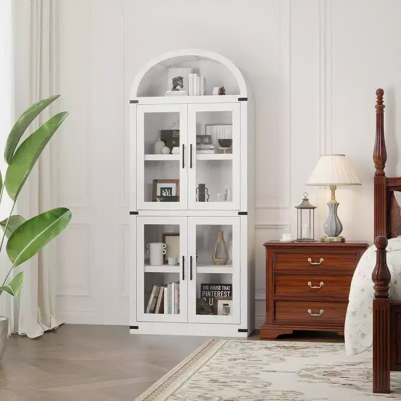 CuisinSmart Scaffale ad arco alto 183 cm, Libreria moderna stile fattoria con 4 ante in vetro/legno e ripiani aperti, Organizzatore mobile espositivo autoportante