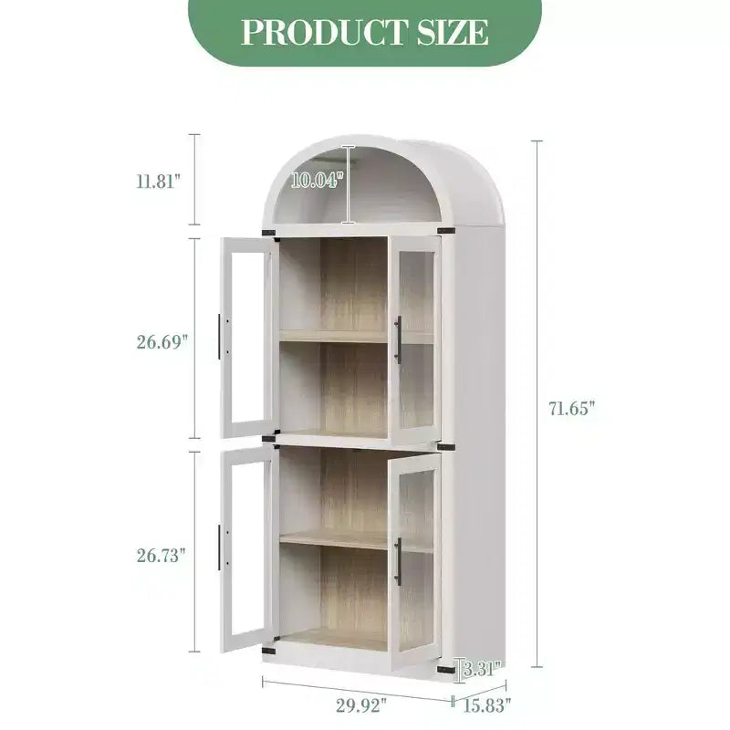 CuisinSmart Scaffale ad arco alto 183 cm, Libreria moderna stile fattoria con 4 ante in vetro/legno e ripiani aperti, Organizzatore mobile espositivo autoportante