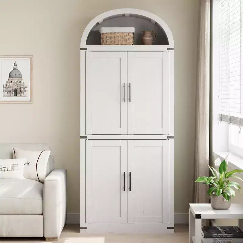 CuisinSmart Scaffale ad arco alto 183 cm, Libreria moderna stile fattoria con 4 ante in vetro/legno e ripiani aperti, Organizzatore mobile espositivo autoportante