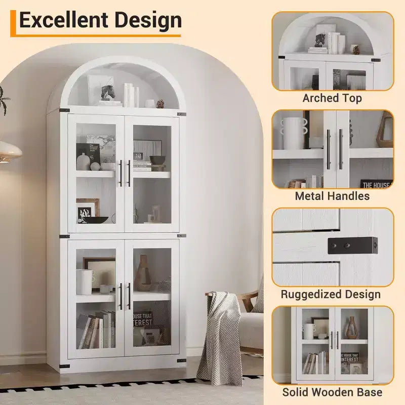 CuisinSmart Scaffale ad arco alto 183 cm, Libreria moderna stile fattoria con 4 ante in vetro/legno e ripiani aperti, Organizzatore mobile espositivo autoportante