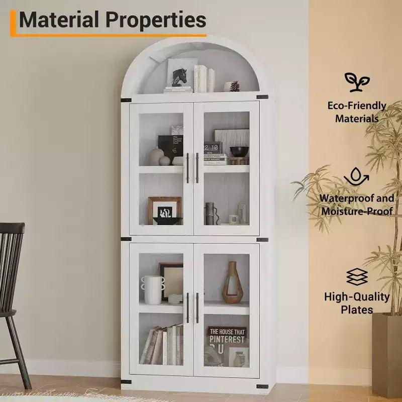 CuisinSmart Scaffale ad arco alto 183 cm, Libreria moderna stile fattoria con 4 ante in vetro/legno e ripiani aperti, Organizzatore mobile espositivo autoportante