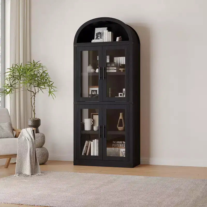 CuisinSmart Scaffale ad arco alto 183 cm, Libreria moderna stile fattoria con 4 ante in vetro/legno e ripiani aperti, Organizzatore mobile espositivo autoportante