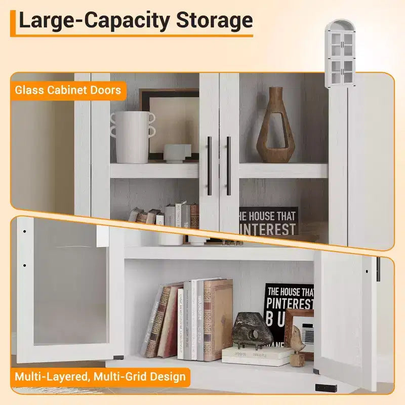 CuisinSmart Scaffale ad arco alto 183 cm, Libreria moderna stile fattoria con 4 ante in vetro/legno e ripiani aperti, Organizzatore mobile espositivo autoportante