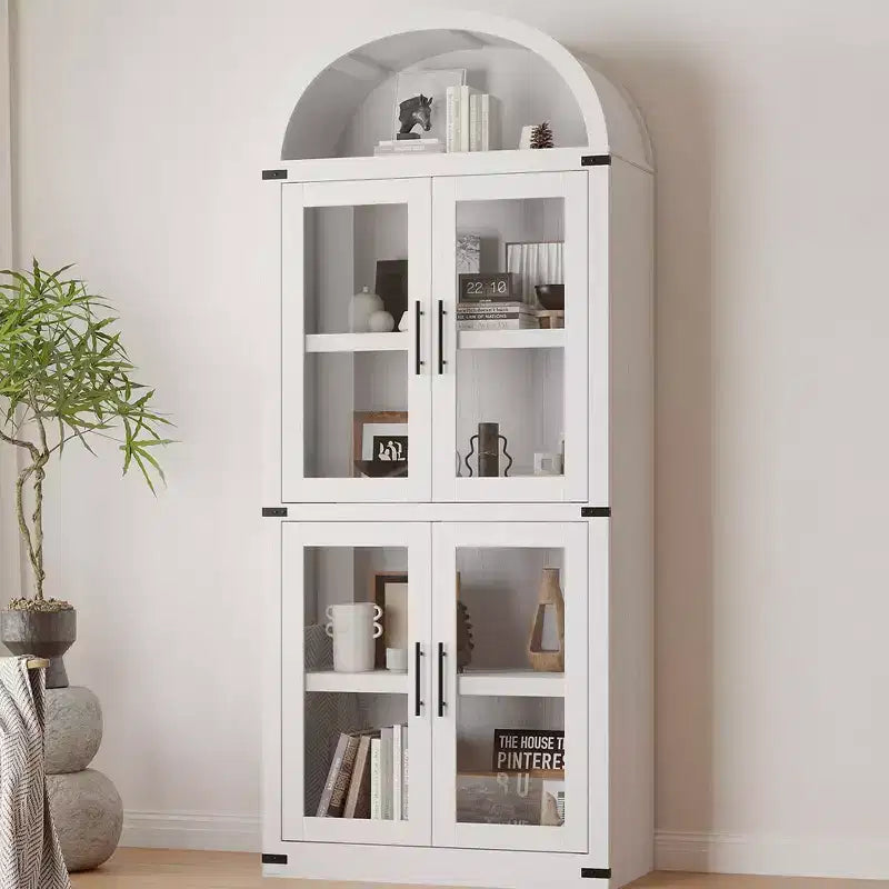 CuisinSmart Scaffale ad arco alto 183 cm, Libreria moderna stile fattoria con 4 ante in vetro/legno e ripiani aperti, Organizzatore mobile espositivo autoportante