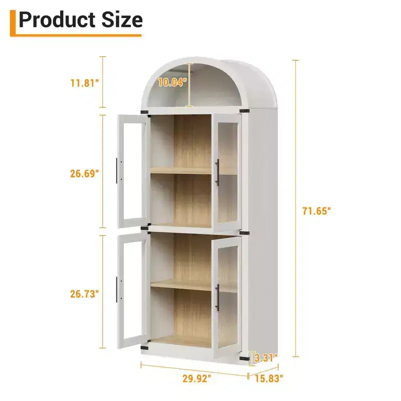 CuisinSmart Scaffale ad arco alto 183 cm, Libreria moderna stile fattoria con 4 ante in vetro/legno e ripiani aperti, Organizzatore mobile espositivo autoportante