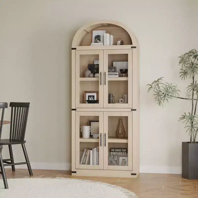 CuisinSmart Scaffale ad arco alto 183 cm, Libreria moderna stile fattoria con 4 ante in vetro/legno e ripiani aperti, Organizzatore mobile espositivo autoportante