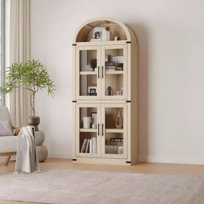 CuisinSmart Scaffale ad arco alto 183 cm, Libreria moderna stile fattoria con 4 ante in vetro/legno e ripiani aperti, Organizzatore mobile espositivo autoportante
