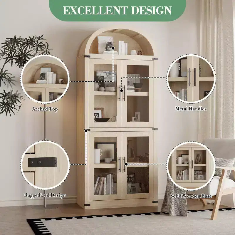 CuisinSmart Scaffale ad arco alto 183 cm, Libreria moderna stile fattoria con 4 ante in vetro/legno e ripiani aperti, Organizzatore mobile espositivo autoportante