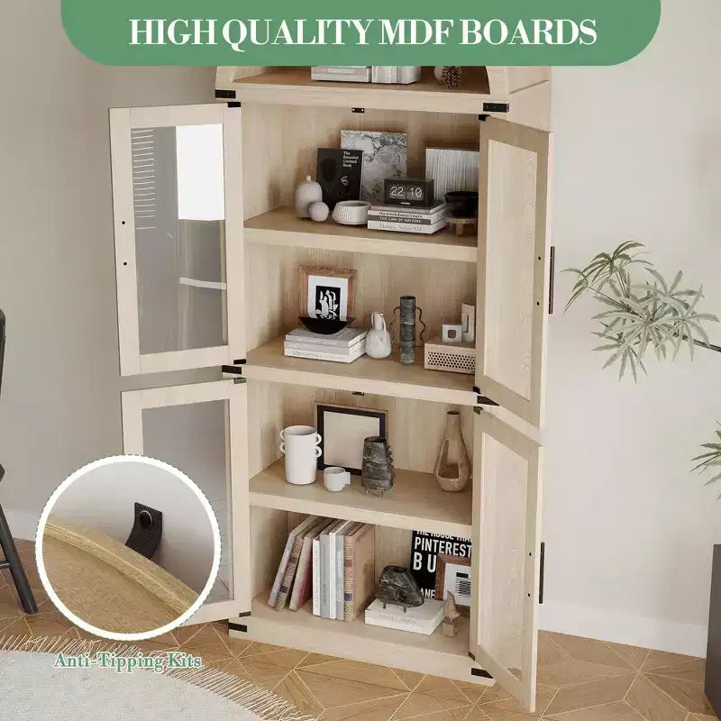 CuisinSmart Scaffale ad arco alto 183 cm, Libreria moderna stile fattoria con 4 ante in vetro/legno e ripiani aperti, Organizzatore mobile espositivo autoportante