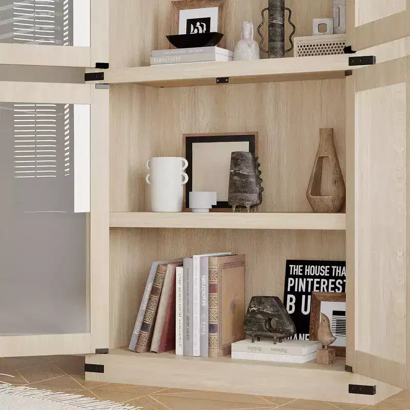 CuisinSmart Scaffale ad arco alto 183 cm, Libreria moderna stile fattoria con 4 ante in vetro/legno e ripiani aperti, Organizzatore mobile espositivo autoportante