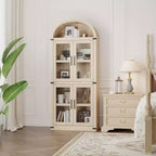 CuisinSmart Scaffale ad arco alto 183 cm, Libreria moderna stile fattoria con 4 ante in vetro/legno e ripiani aperti, Organizzatore mobile espositivo autoportante