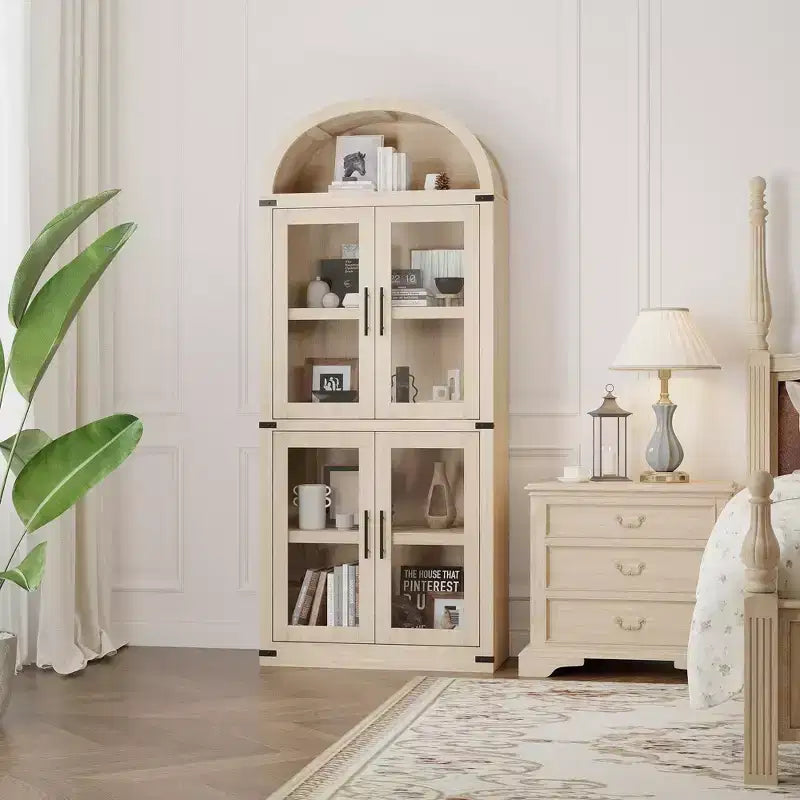 CuisinSmart Scaffale ad arco alto 183 cm, Libreria moderna stile fattoria con 4 ante in vetro/legno e ripiani aperti, Organizzatore mobile espositivo autoportante