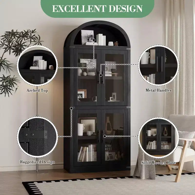 CuisinSmart Scaffale ad arco alto 183 cm, Libreria moderna stile fattoria con 4 ante in vetro/legno e ripiani aperti, Organizzatore mobile espositivo autoportante