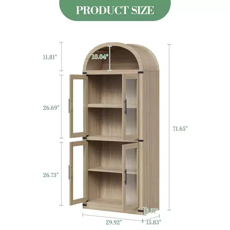 CuisinSmart Scaffale ad arco alto 183 cm, Libreria moderna stile fattoria con 4 ante in vetro/legno e ripiani aperti, Organizzatore mobile espositivo autoportante