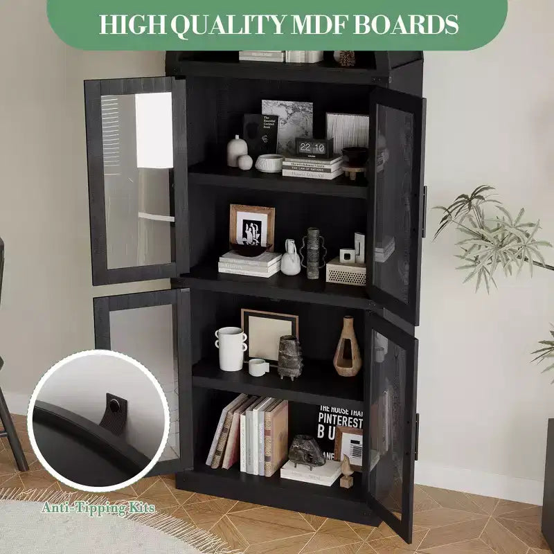 CuisinSmart Scaffale ad arco alto 183 cm, Libreria moderna stile fattoria con 4 ante in vetro/legno e ripiani aperti, Organizzatore mobile espositivo autoportante