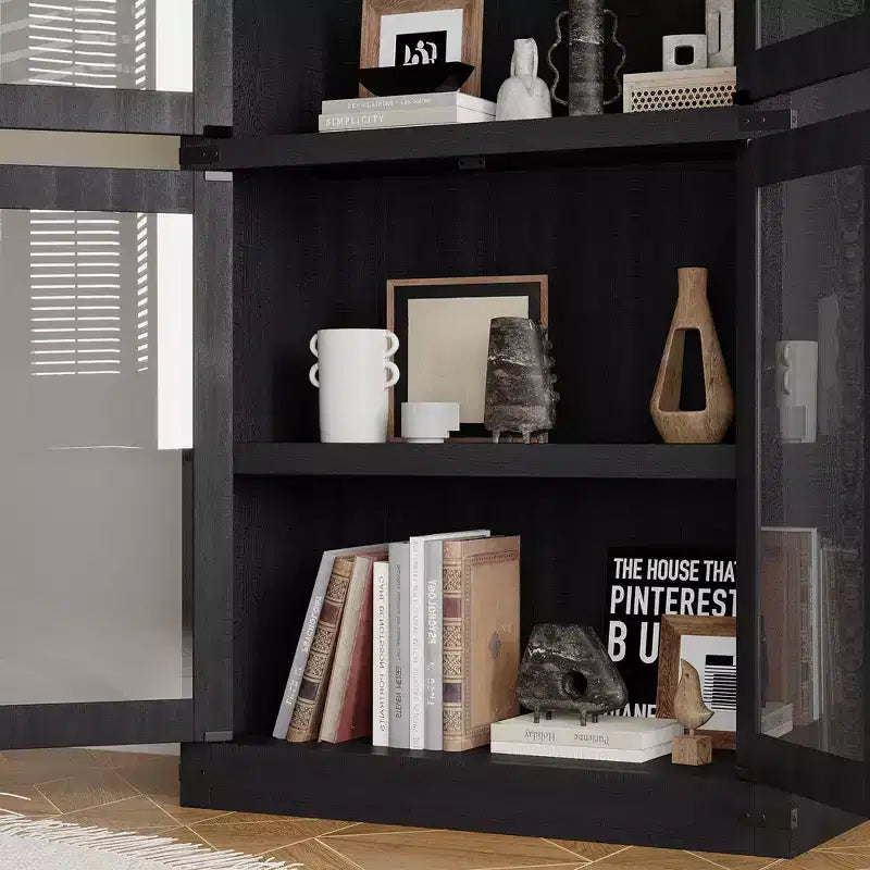 CuisinSmart Scaffale ad arco alto 183 cm, Libreria moderna stile fattoria con 4 ante in vetro/legno e ripiani aperti, Organizzatore mobile espositivo autoportante