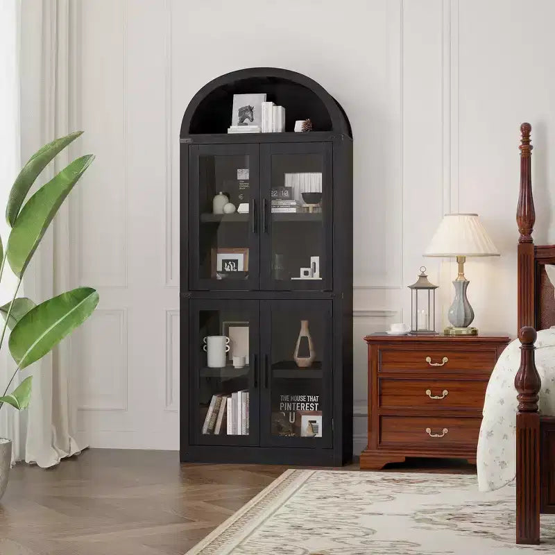 CuisinSmart Scaffale ad arco alto 183 cm, Libreria moderna stile fattoria con 4 ante in vetro/legno e ripiani aperti, Organizzatore mobile espositivo autoportante
