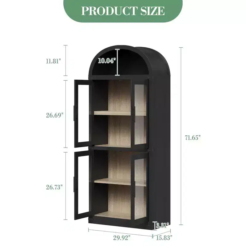 CuisinSmart Scaffale ad arco alto 183 cm, Libreria moderna stile fattoria con 4 ante in vetro/legno e ripiani aperti, Organizzatore mobile espositivo autoportante