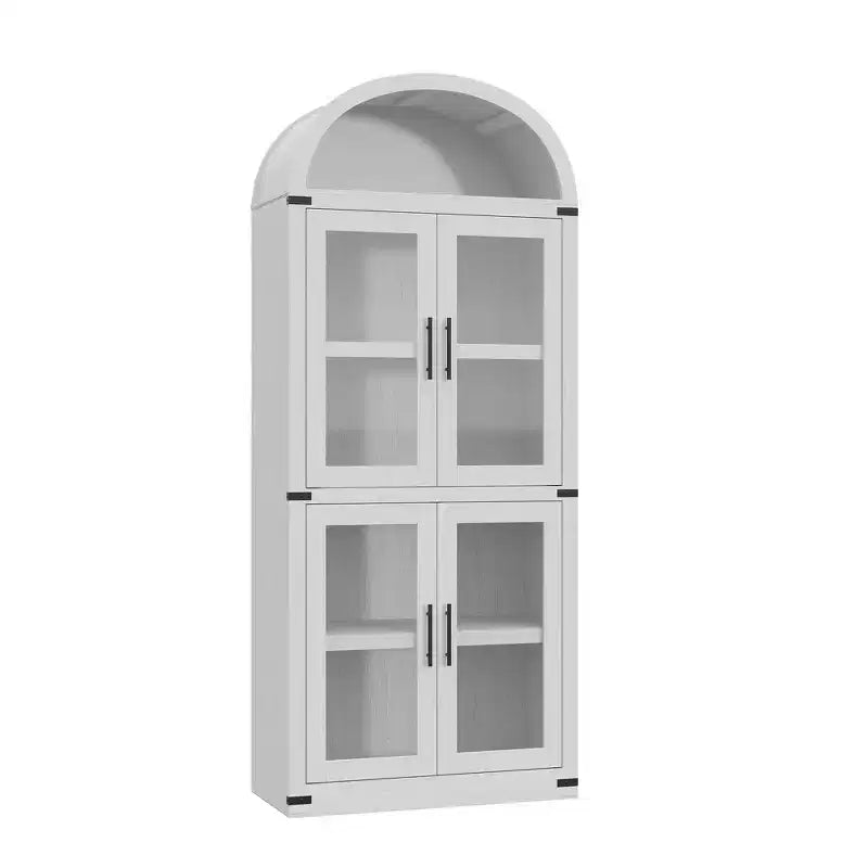 CuisinSmart Scaffale ad arco alto 183 cm, Libreria moderna stile fattoria con 4 ante in vetro/legno e ripiani aperti, Organizzatore mobile espositivo autoportante