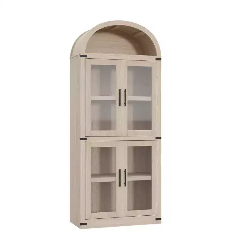 CuisinSmart Scaffale ad arco alto 183 cm, Libreria moderna stile fattoria con 4 ante in vetro/legno e ripiani aperti, Organizzatore mobile espositivo autoportante