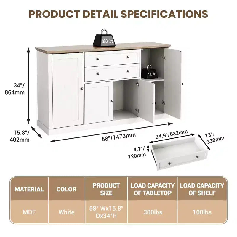 TROPOW 58 Mobile Credenza Buffet con Contenitore con 4 Ante e 2 Cassetti, Armadio in Legno Stile Rustico Mobile Dispensa da Cucina Mobile Contenitore per Bar Caffetteria