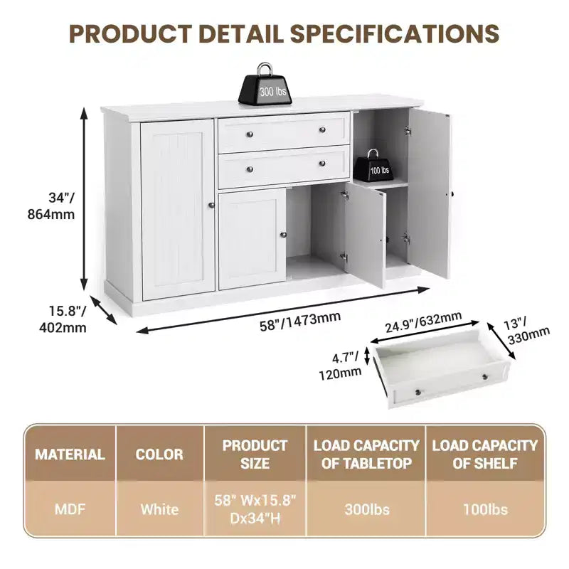 TROPOW 58 Mobile Credenza Buffet con Contenitore con 4 Ante e 2 Cassetti, Armadio in Legno Stile Rustico Mobile Dispensa da Cucina Mobile Contenitore per Bar Caffetteria