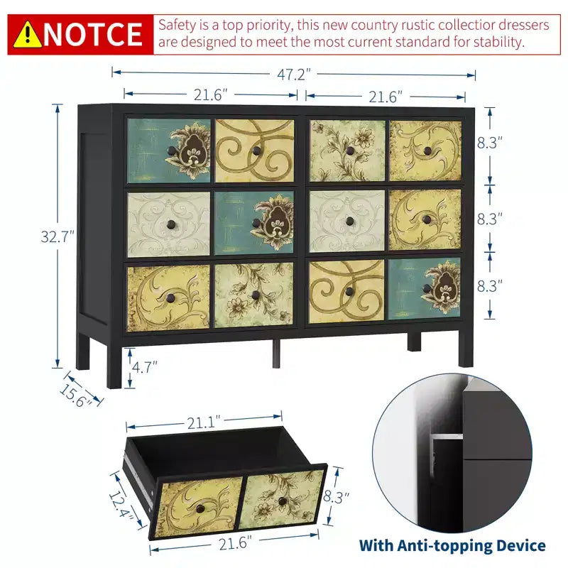 Cassettiera a 6 cassetti per camera da letto, Comò in legno, Cassettiera con motivo floreale retrò, Cassettiere da fattoria per camera da letto, soggiorno, corridoio, ingresso