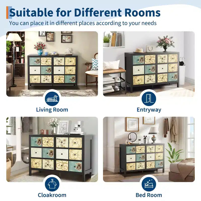 Cassettiera a 6 cassetti per camera da letto, Comò in legno, Cassettiera con motivo floreale retrò, Cassettiere da fattoria per camera da letto, soggiorno, corridoio, ingresso