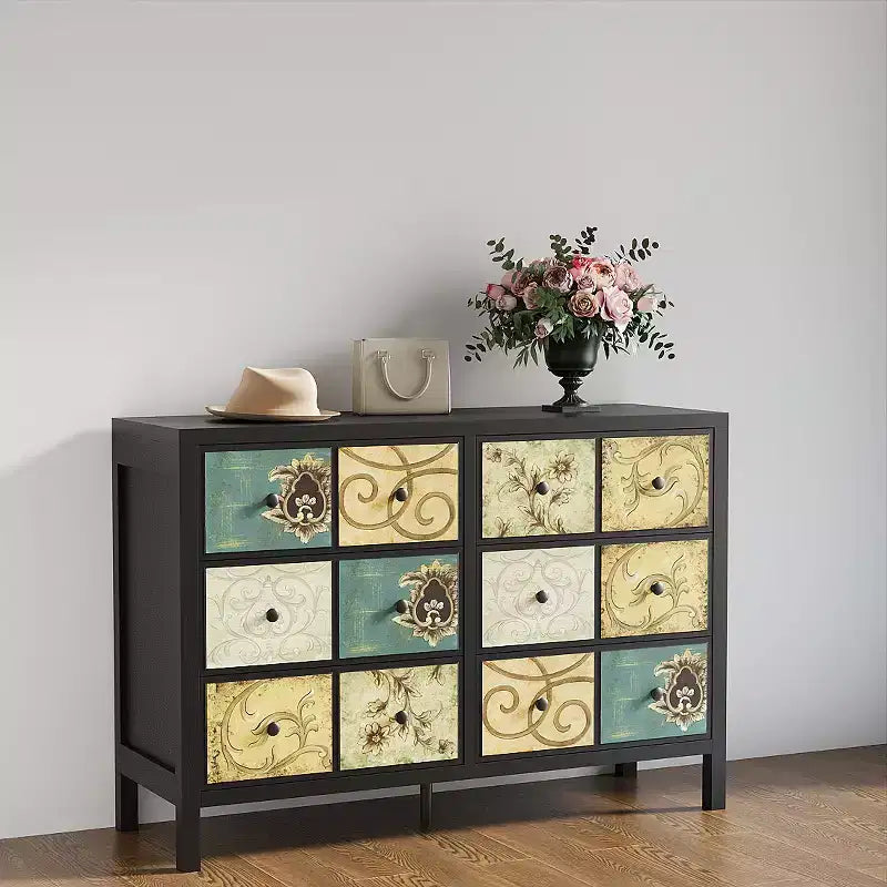 Cassettiera a 6 cassetti per camera da letto, Comò in legno, Cassettiera con motivo floreale retrò, Cassettiere da fattoria per camera da letto, soggiorno, corridoio, ingresso