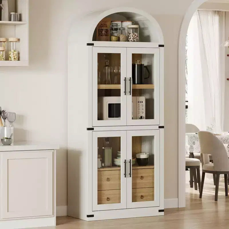 Libreria alta ad arco GustoWave 71.4 con 4 ante e 2 cassetti, armadietto espositivo profondo 15.8 con ripiani, scaffale in legno