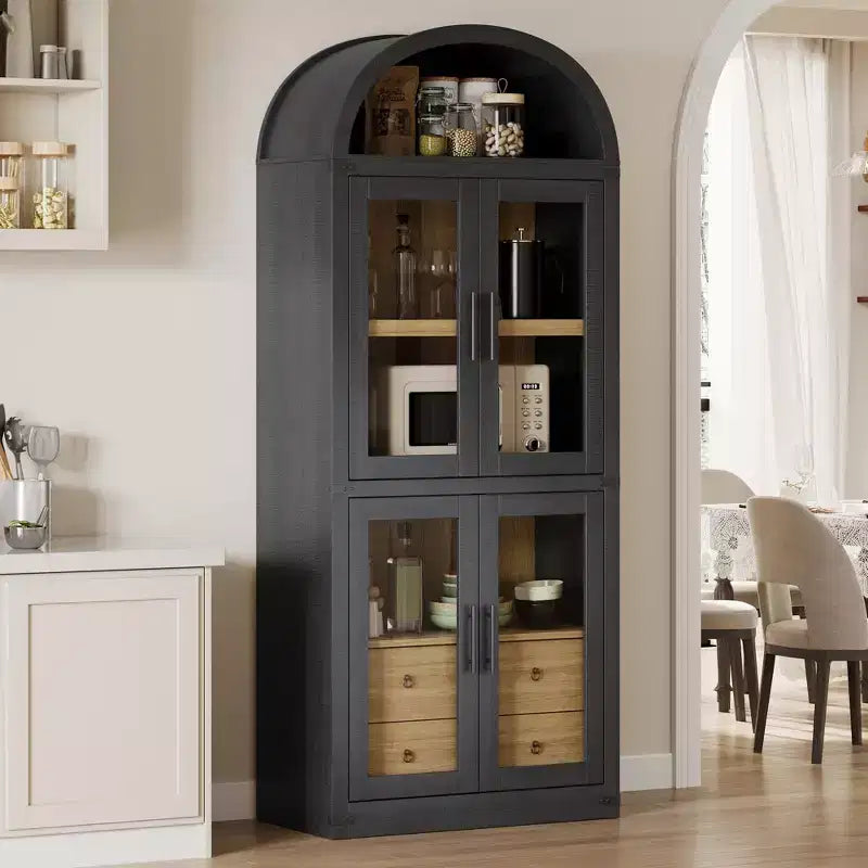 Libreria alta ad arco GustoWave 71.4 con 4 ante e 2 cassetti, armadietto espositivo profondo 15.8 con ripiani, scaffale in legno