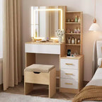 DobleePy Toeletta Moderna con Specchio Scorrevole e Luci LED, 4 Cassetti, 7 Ripiani, Stazione di Ricarica e Sgabello, Tavolo da Trucco per Camera da Letto