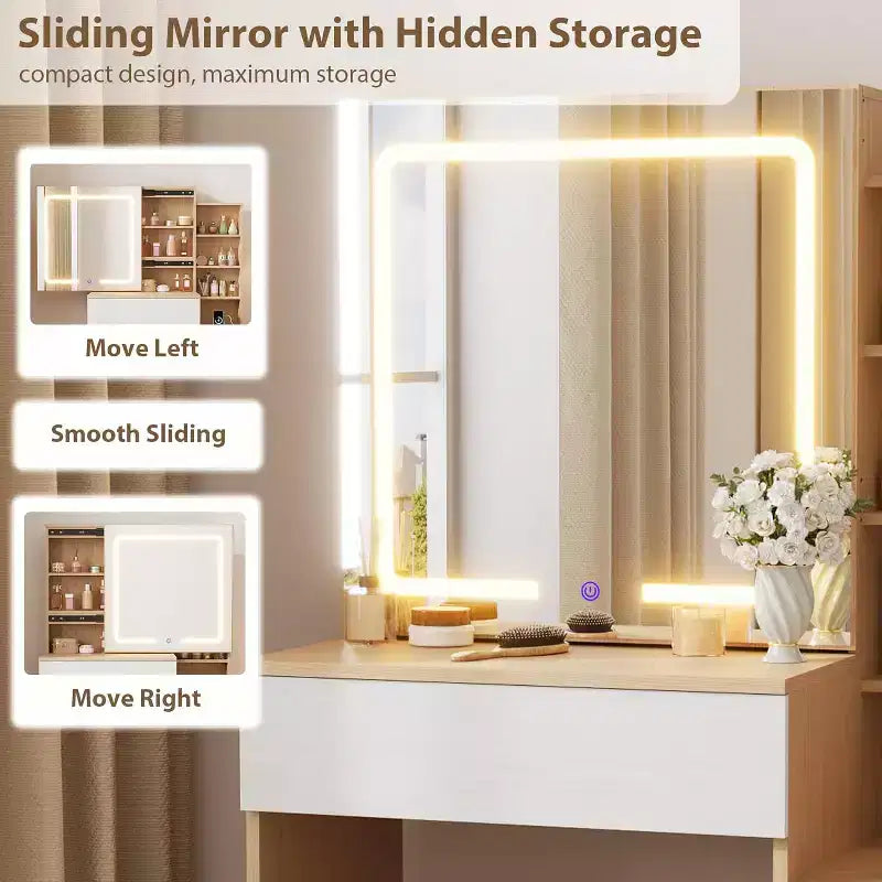 DobleePy Toeletta Moderna con Specchio Scorrevole e Luci LED, 4 Cassetti, 7 Ripiani, Stazione di Ricarica e Sgabello, Tavolo da Trucco per Camera da Letto