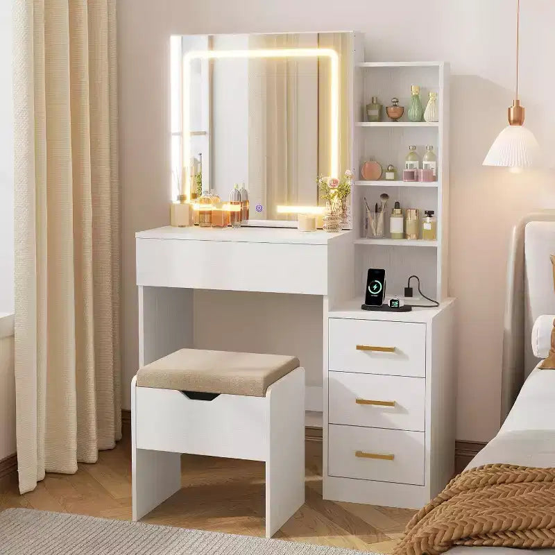 DobleePy Toeletta Moderna con Specchio Scorrevole e Luci LED, 4 Cassetti, 7 Ripiani, Stazione di Ricarica e Sgabello, Tavolo da Trucco per Camera da Letto