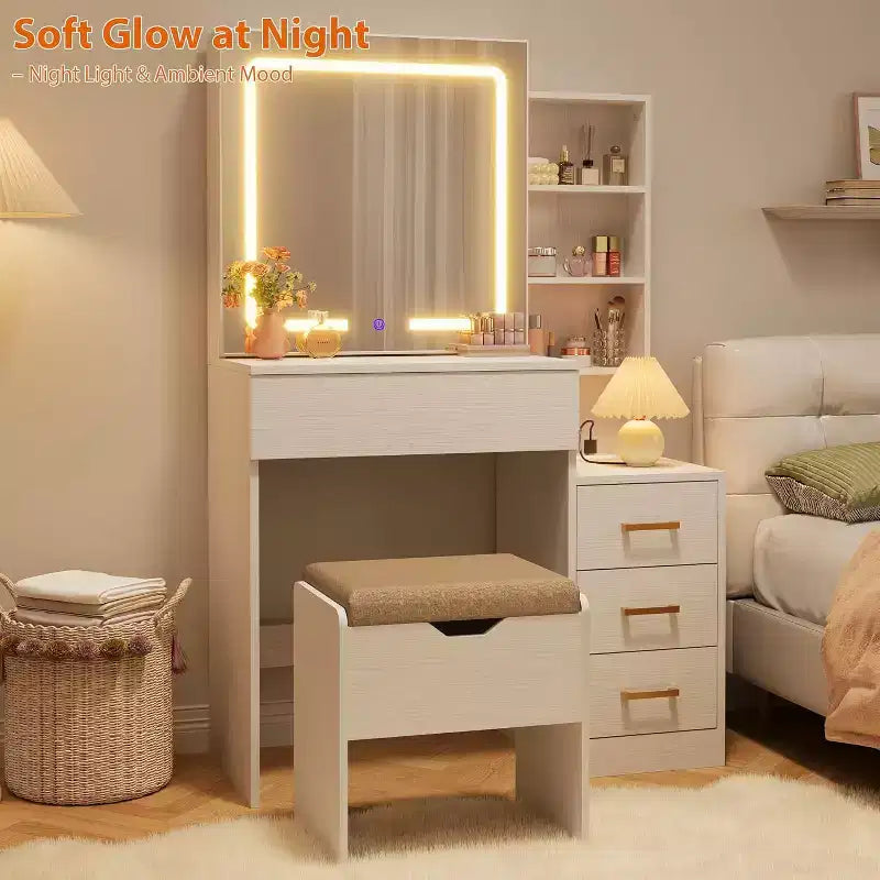 DobleePy Toeletta Moderna con Specchio Scorrevole e Luci LED, 4 Cassetti, 7 Ripiani, Stazione di Ricarica e Sgabello, Tavolo da Trucco per Camera da Letto