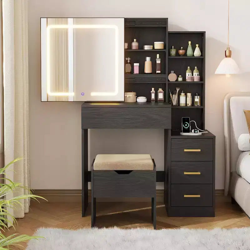 DobleePy Toeletta Moderna con Specchio Scorrevole e Luci LED, 4 Cassetti, 7 Ripiani, Stazione di Ricarica e Sgabello, Tavolo da Trucco per Camera da Letto