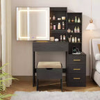 DobleePy Toeletta Moderna con Specchio Scorrevole e Luci LED, 4 Cassetti, 7 Ripiani, Stazione di Ricarica e Sgabello, Tavolo da Trucco per Camera da Letto