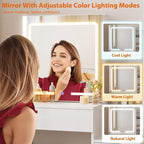 DobleePy Toeletta Moderna con Specchio Scorrevole e Luci LED, 4 Cassetti, 7 Ripiani, Stazione di Ricarica e Sgabello, Tavolo da Trucco per Camera da Letto