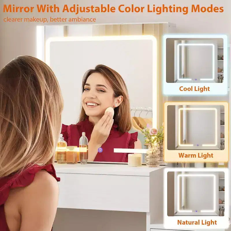DobleePy Toeletta Moderna con Specchio Scorrevole e Luci LED, 4 Cassetti, 7 Ripiani, Stazione di Ricarica e Sgabello, Tavolo da Trucco per Camera da Letto