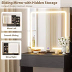 DobleePy Toeletta Moderna con Specchio Scorrevole e Luci LED, 4 Cassetti, 7 Ripiani, Stazione di Ricarica e Sgabello, Tavolo da Trucco per Camera da Letto