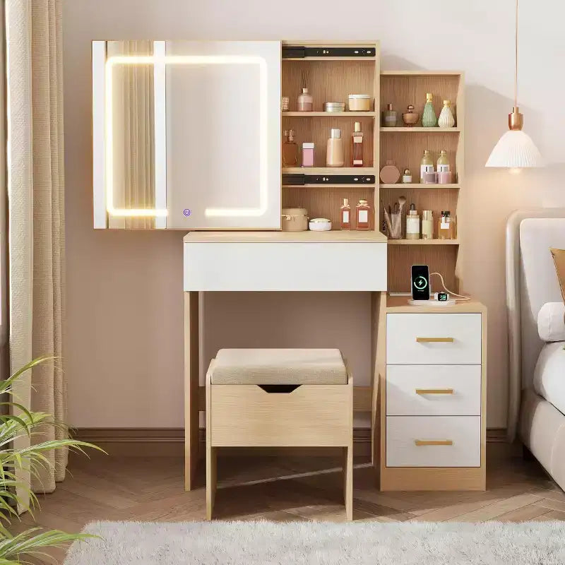 DobleePy Toeletta Moderna con Specchio Scorrevole e Luci LED, 4 Cassetti, 7 Ripiani, Stazione di Ricarica e Sgabello, Tavolo da Trucco per Camera da Letto