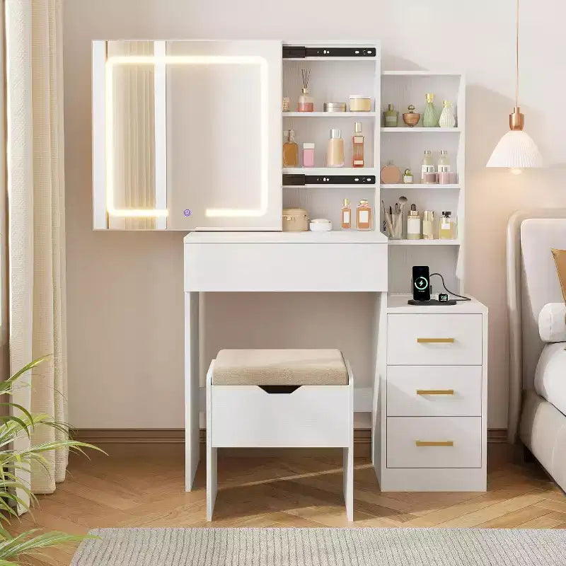 DobleePy Toeletta Moderna con Specchio Scorrevole e Luci LED, 4 Cassetti, 7 Ripiani, Stazione di Ricarica e Sgabello, Tavolo da Trucco per Camera da Letto