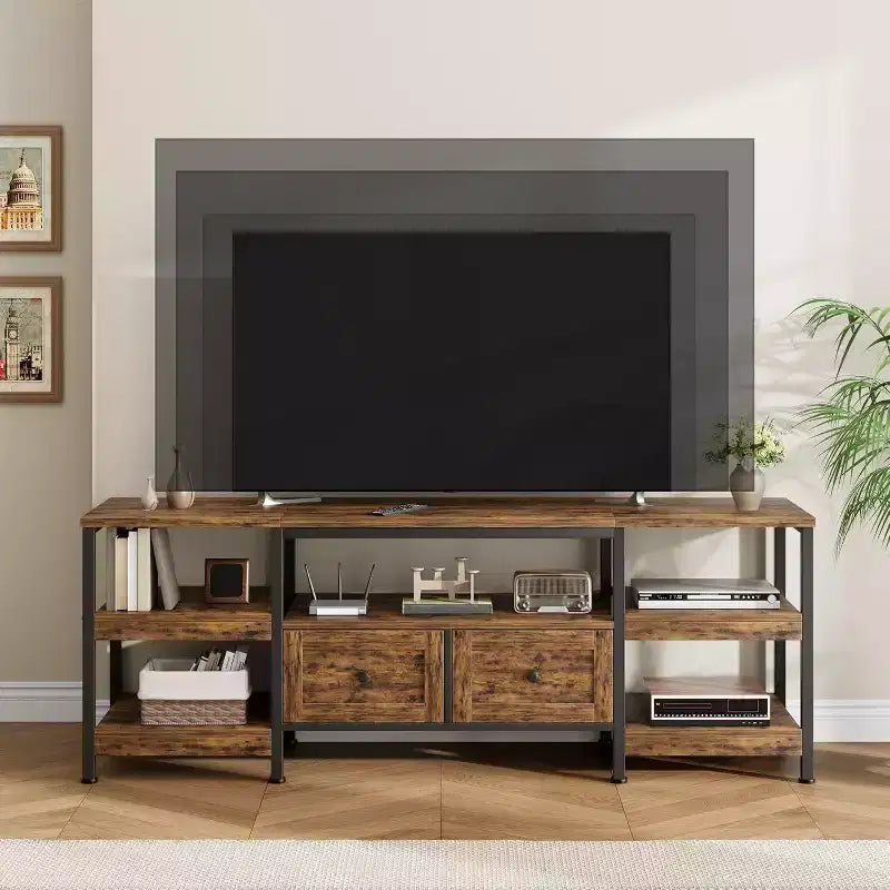 Mobile TV in stile industriale 63 - Porta TV per schermi fino a 65 pollici con 2 cassetti, ripiani aperti e struttura in metallo