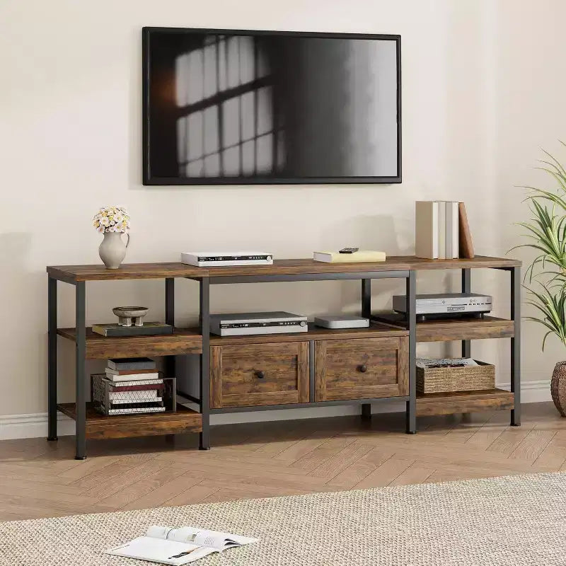 Mobile TV in stile industriale 63 - Porta TV per schermi fino a 65 pollici con 2 cassetti, ripiani aperti e struttura in metallo